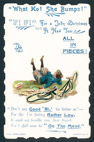 Lady falling from bicycle, Christmas Card (chromolitho)