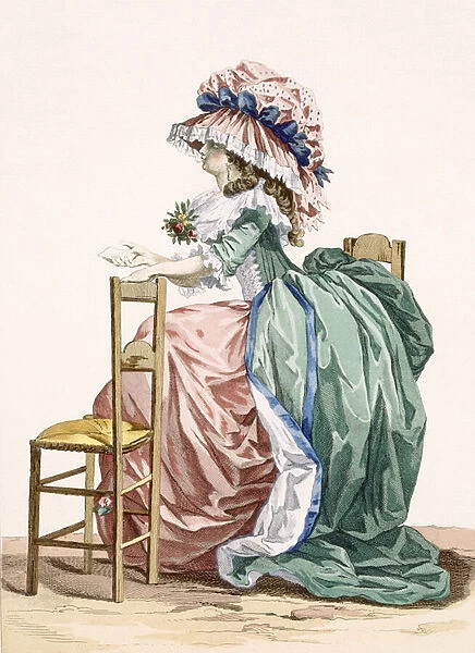 Lady sits leaning on a chair, engraved by Bacquoy, plate 203 from