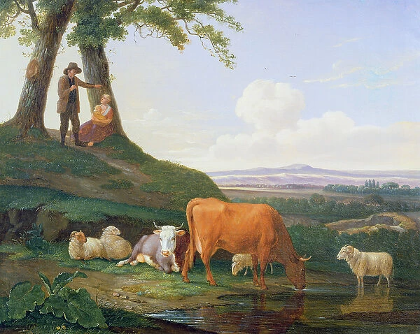 Landscape with cows and sheep (oil on canvas)