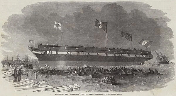 Launch of the 'Amazonas'Peruvian Steam Frigate, at Blackwall Yard (engraving)
