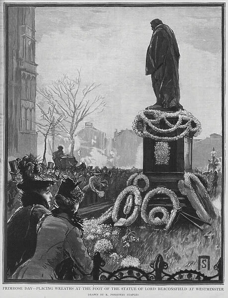 Laying wreaths at the foot of the statue of English statesman Benjamin Disraeli on Primrose Day, the anniversary of his death, Westminster, London, 19 April 1892 (litho)