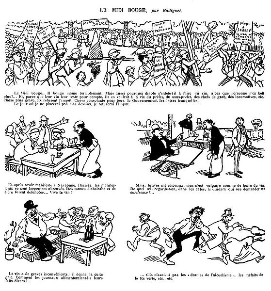 Le Midi Moves. Cartoons on the revolt of the winemakers of the Midi by Maurice Radiguet (1866-1941) in the newspaper Le Rire of May 25, 1907. Demonstration against fraud (fraudsters) and refusal to pay tax