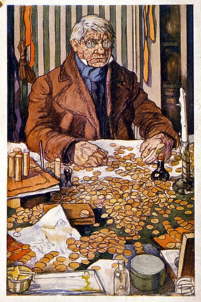 Le pere Grandet counting his money - Illustration in 'Eugenie Grandet'