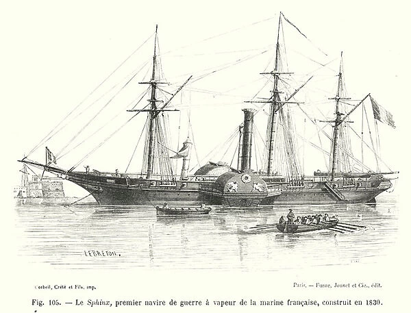 Le Sphinx, premier navire de guerre a vapeur de la marine francaise, construit en 1830 (engraving)