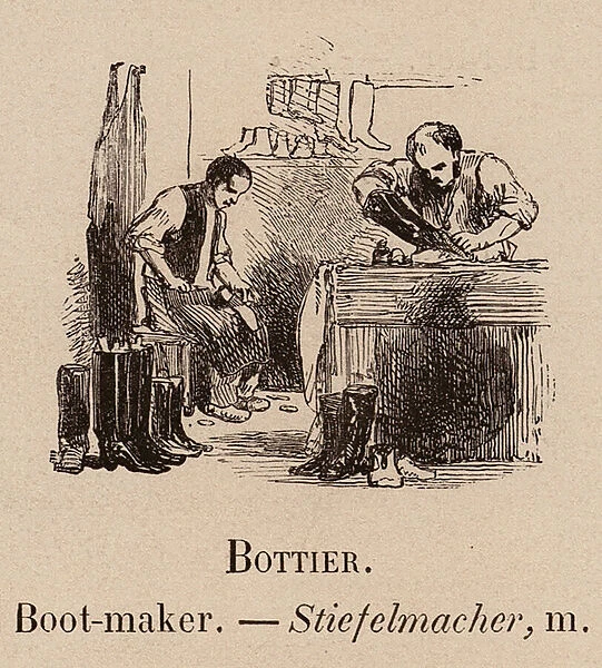 Le Vocabulaire Illustre: Bottier; Boot-maker; Stiefelmacher (engraving)
