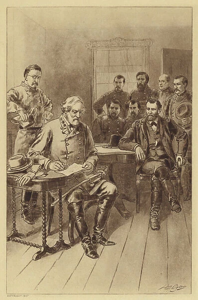 Lees Surrender to Grant, Appomattox, 9 April 1865 (litho)