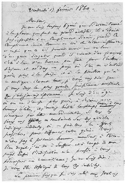 Letter to Richard Wagner (1813-83) 17th February 1860 (pen & ink on paper) (b  /  w photo)