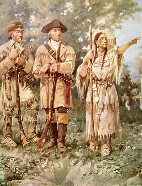 Lewis and Clark with Sacagawea (colour litho) (detail)