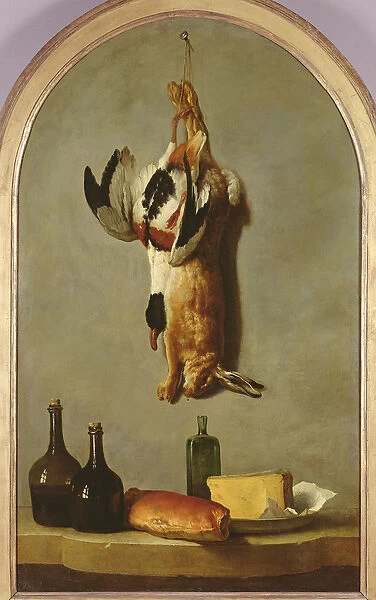 Still life (hare, duck, bottles, bread and cheese), 1742 (oil on canvas)