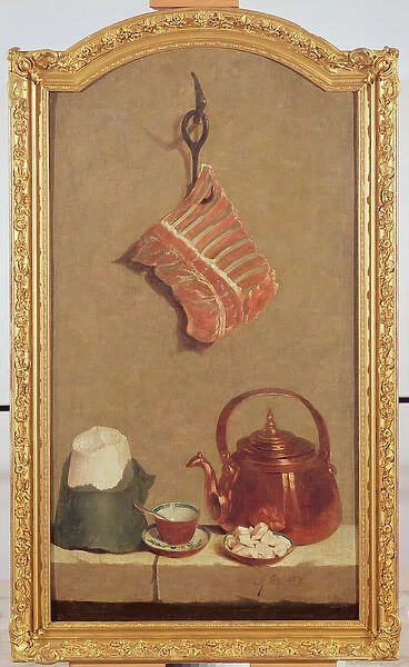 Still Life with meat, kettle, cup, sugar loaf and sugar lumps (oil on canvas)