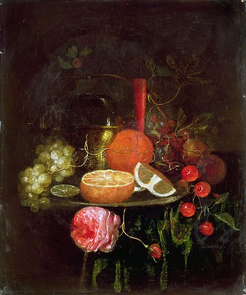 Still life of a roemer, a wine glass and fruit
