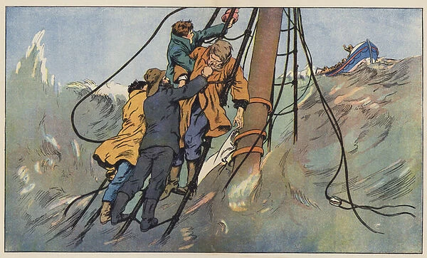 The lifeboat comes to the rescue of the shipwrecked sailors (colour litho)