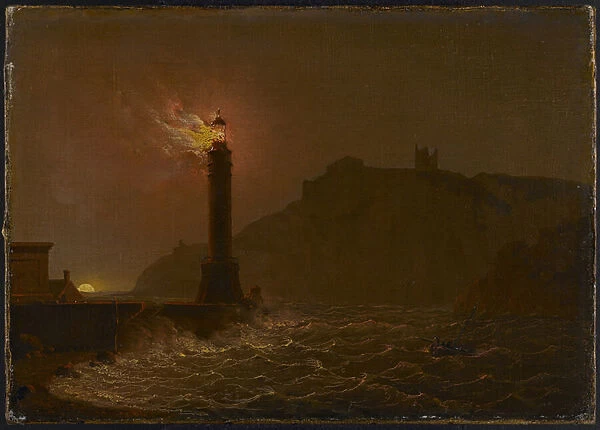 A Lighthouse on fire at night (oil on canvas)