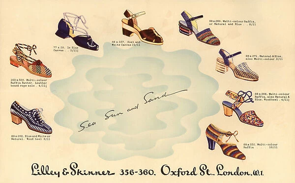 Lilley and Skinner advertisement for womens sandals and shoes (colour litho)