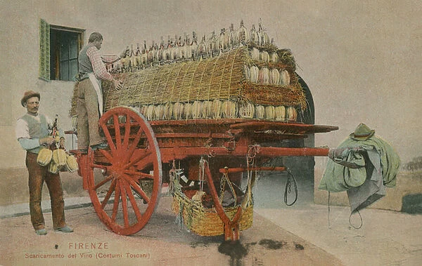 Loading bottles of wine onto a cart, Florence. Postcard sent in 1913