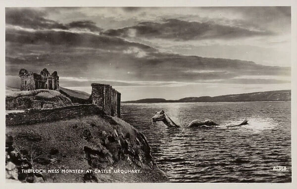 The Loch Ness Monster at Castle Urquhart (b  /  w photo)