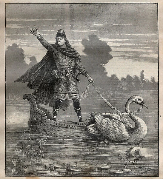Lohengrin in in a nacelle drawn by a swan, scene of the opera 'Lohengrin'