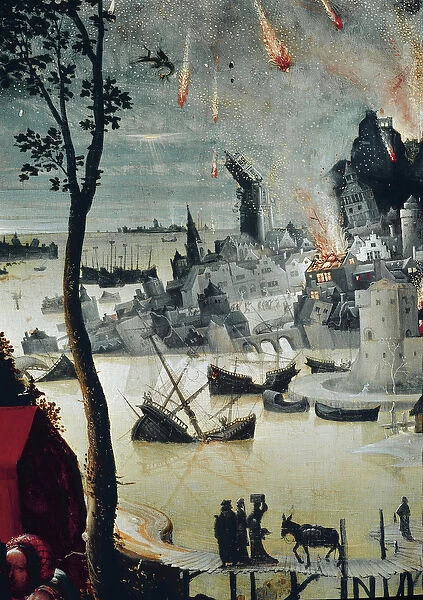 Lot and his Daughters, detail of the destruction of Sodom (oil on panel, circa 1517)