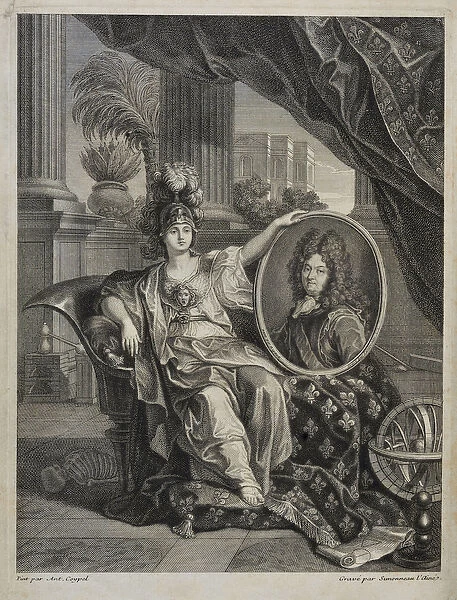 Louis XIV, King of France, Protector of Sciences - engraving by Antoine Coypel History of