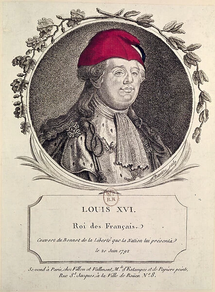 Louis XVI (1754-93) wearing a phrygian bonnet presented to him by the nation, 20th June 1792