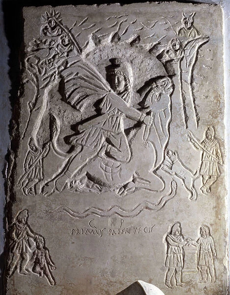 Low relief representing the sacrifice of Mithra (a young man slaughtering a bull)