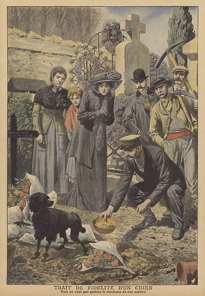 Loyalty of a dog refusing to leave his dead masters graveside (colour litho)