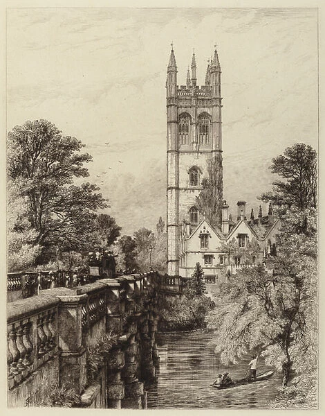Magdalen Tower and Bridge (etching)