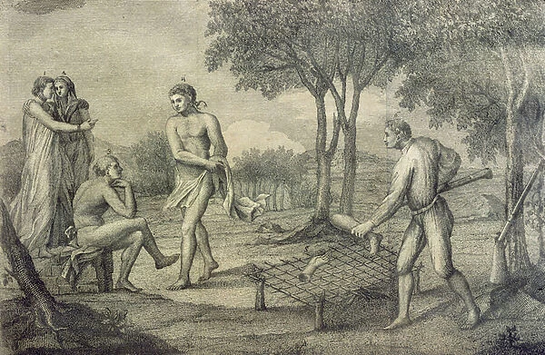 Maipuri Indians, inhabitants of the Upper Orinoco, roasting members of a dead enemy, 1781 (engraving)