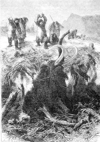 The mammoth hunt. Engraving from the end of the 19th century