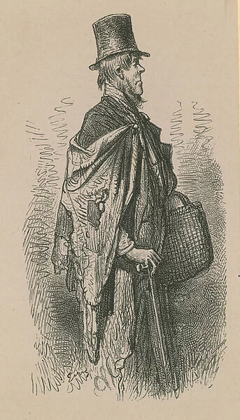 A man wearing a top hat and a shawl while carrying a basket (engraving)