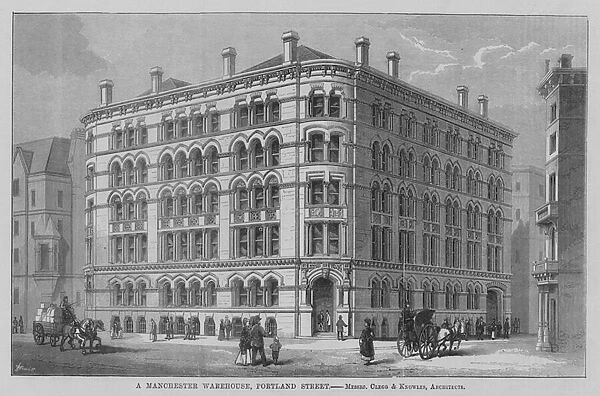 A Manchester Warehouse, Portland Street, Messrs Clegg and Knowles, Architects. Illustration for The Builder, 1870 (engraving)