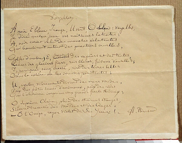 Manuscript of Arthur Rimbauds poem: 'The Vowels', 19th century