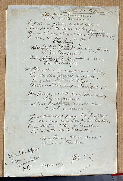 Manuscript of the poem 'Les fetes de la faim'by Arthur Rimbaud