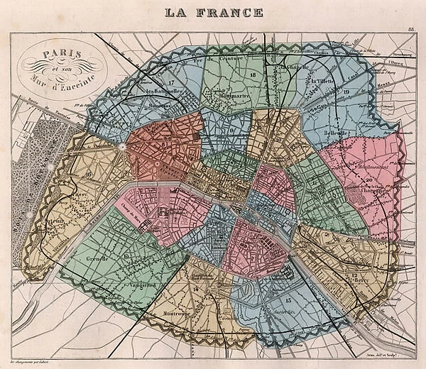Map of the city of Paris in 1876. - France and its Colonies. Atlas illustrates one hundred and five maps drawn from the maps of the depot of war, bridges and footwear and the Navy by M. VUILLEMIN. 1876