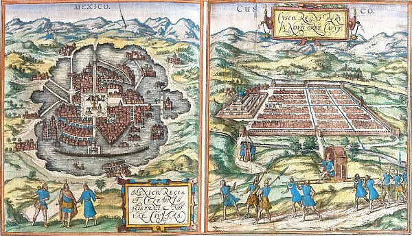 Map of Mexico (Mexico) and Cuzco (Cusco) (Peru) (etching, 1572-1617)