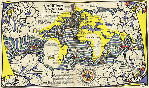 Map of the World in the time of the navigators John and Sebastian Cabot (colour litho)