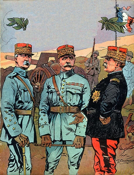 Marechal Joseph Jacques Cesaire Joffre (1852-1931), Marechal Ferdinand Foch (1851-1929) and Marechal Philippe Petain (1856-1951), the great liberators of France during the First World War - Illustration by Georges Conrad (1874-1936) taken from '