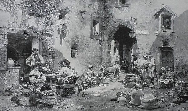Market in Subiaco, 1888, Italy, History, digital reproduction of an original 19th-century painting, Europe