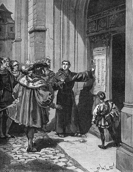 Martin Luther (1483-1546) hanging his 95 theses in Wittenberg, 1517 - On October 31, 1517