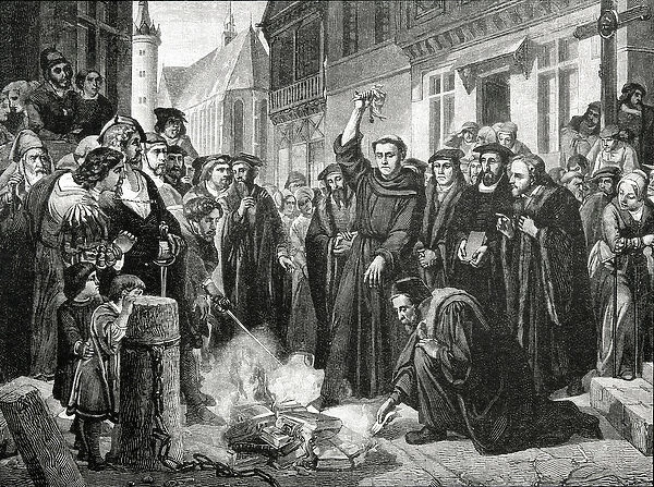 Martin Luther (1483-1546) Publicly Burning the Popes Bull in 1521 (engraving)