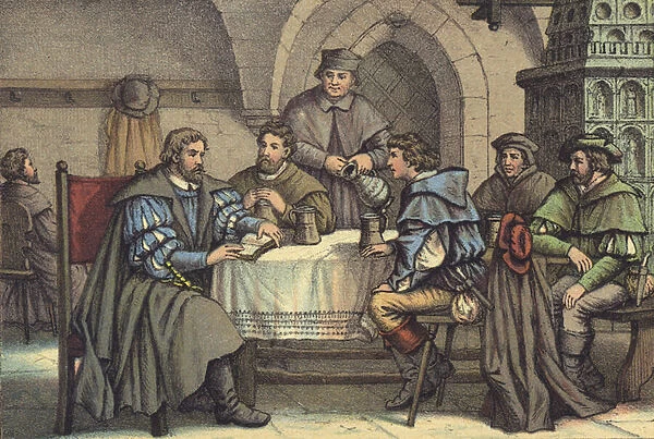Martin Luther in conversation with students in the Gasthof der Baren, Jena (chromolitho)