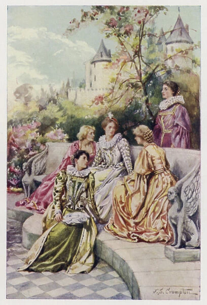 Mary Stuart, the future Mary Queen of Scots, with her court, the Four Marys, during her time in France, 1550s (colour litho)