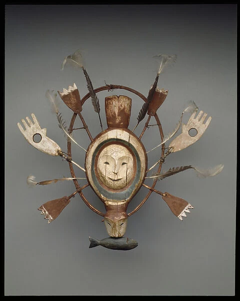 Mask with seal or sea otter spirit, late 19th century (wood, paint, gut cord & feathers)