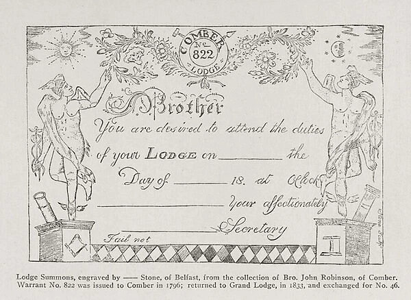 Masonic lodge summons, dated 1796 (litho)