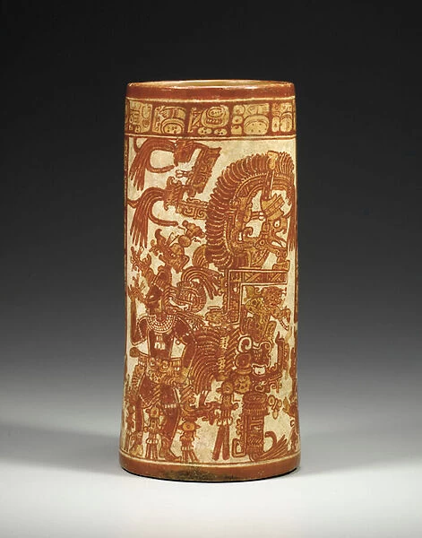 A Mayan painted cylinder vessel depicting the maize god, Hun Nal Ye, c. 550-950