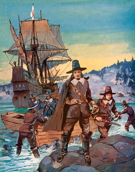 The Mayflower and the Pilgrim Fathers (colour litho)