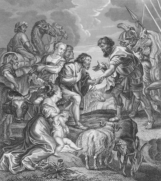 The Meeting of Esau and Jacob, Genesis, Chapter 33, Verses 1-6 (engraving)