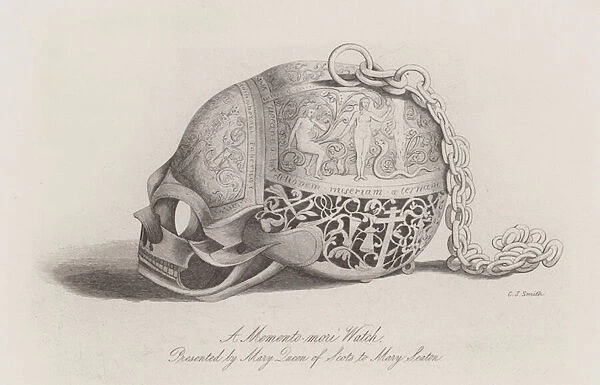 A memento mori watch presented by Mary, Queen of Scots to Mary Seaton (engraving)