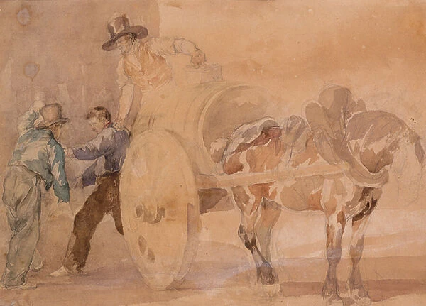 Three Men Unloading a Cart (w  /  c over traces of pencil on paper)