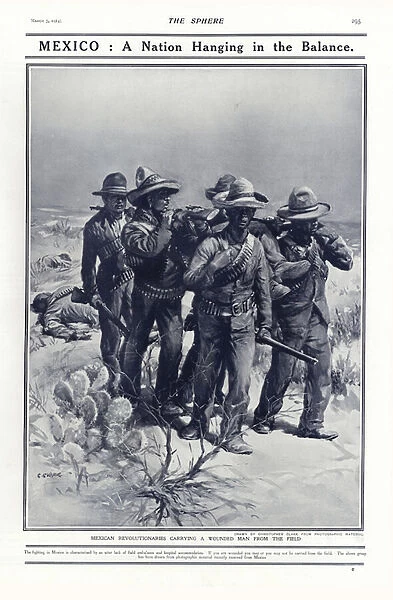 Mexican revolutionaries carrying a wounded man from the field, 1914 (litho)